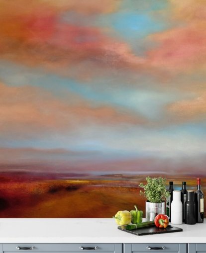 nubes naranjas y rojas entre el cielo azul sobre papel pintado de pintura de brezales rosa