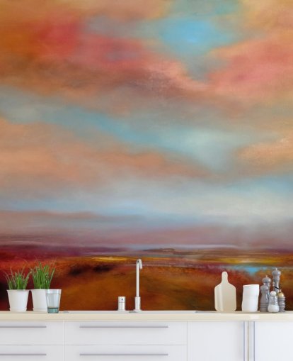 orange und rote Wolken unter blauem Himmel über rosa Heide Maltapete