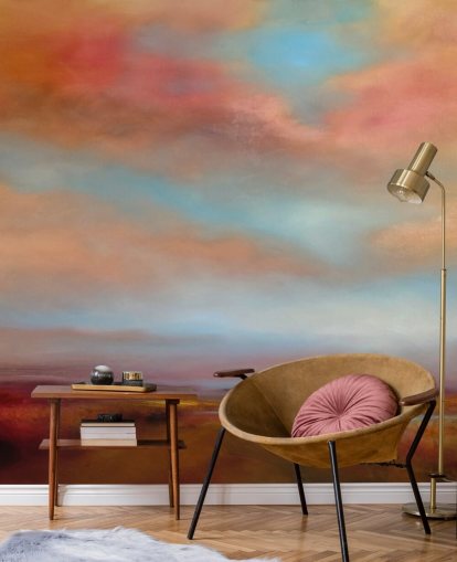 oranssi ja punainen pilvet keskuudessa sininen taivas yli vaaleanpunainen Heathland maalaus tapetti