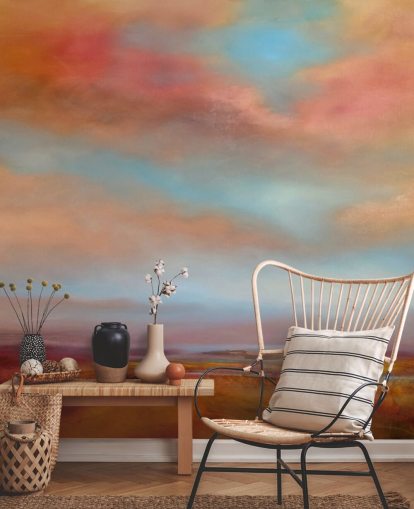 orange and red clouds amongst blue sky over pink heathland painting wallpaper