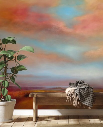 orange and red clouds amongst blue sky over pink heathland painting wallpaper