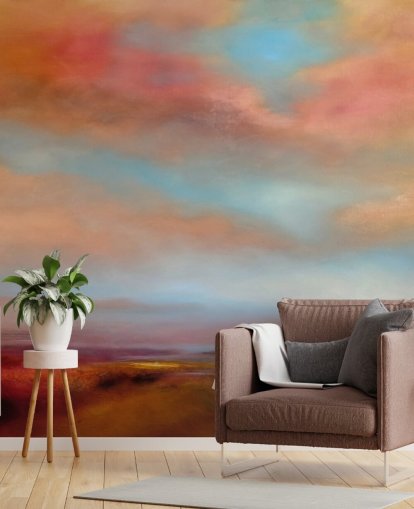 orange and red clouds amongst blue sky over pink heathland painting wallpaper