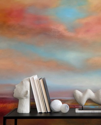 nuages orange et rouge parmi le ciel bleu sur fond d'écran de peinture de bruyère rose