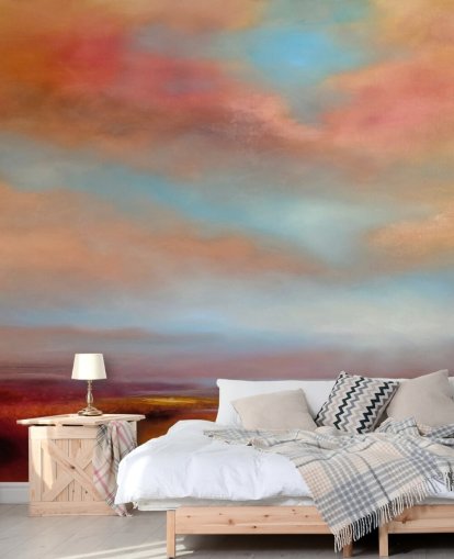 orange and red clouds amongst blue sky over pink heathland painting wallpaper