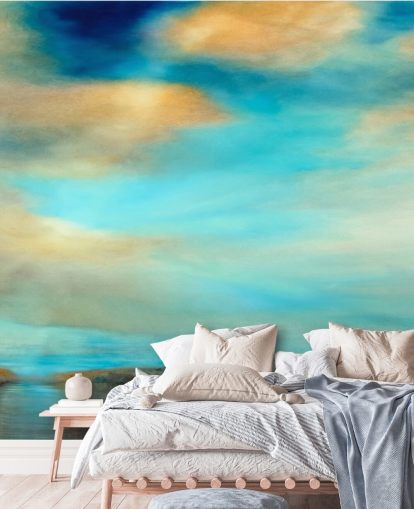 painting of an expansive blue and why sky over a river wallpaper