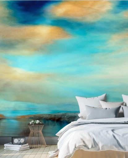 painting of an expansive blue and why sky over a river wallpaper