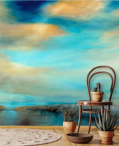 painting of an expansive blue and why sky over a river wallpaper