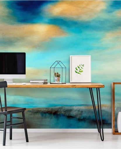 painting of an expansive blue and why sky over a river wallpaper