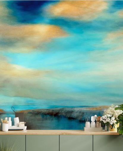 schilderij van een uitgestrekt blauw en waarom hemel boven een rivierbehang