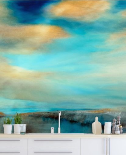 schilderij van een uitgestrekt blauw en waarom hemel boven een rivierbehang