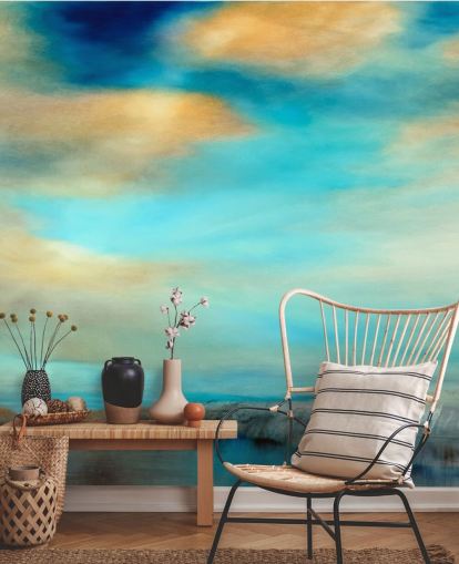 schilderij van een uitgestrekt blauw en waarom hemel boven een rivierbehang