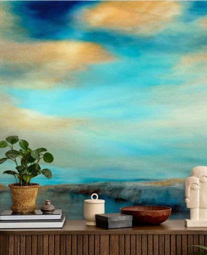 schilderij van een uitgestrekt blauw en waarom hemel boven een rivierbehang