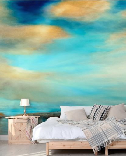painting of an expansive blue and why sky over a river wallpaper