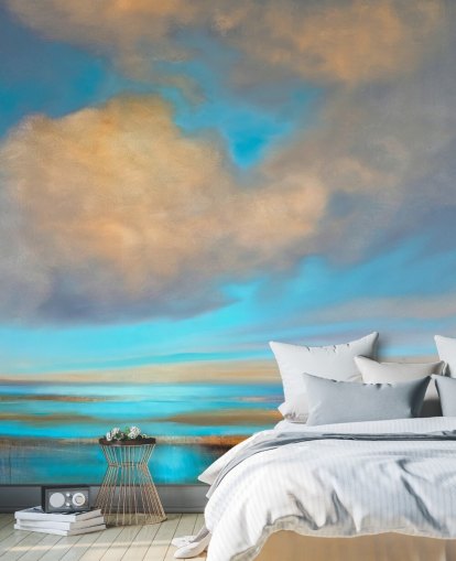 painting of huge blue sky with white clouds over lake wallpaper