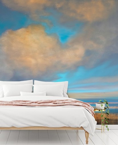 painting of huge blue sky with white clouds over lake wallpaper