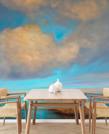 painting of huge blue sky with white clouds over lake wallpaper