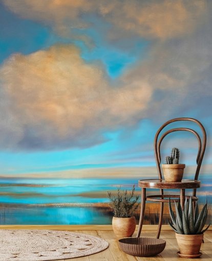 painting of huge blue sky with white clouds over lake wallpaper