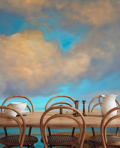 painting of huge blue sky with white clouds over lake wallpaper