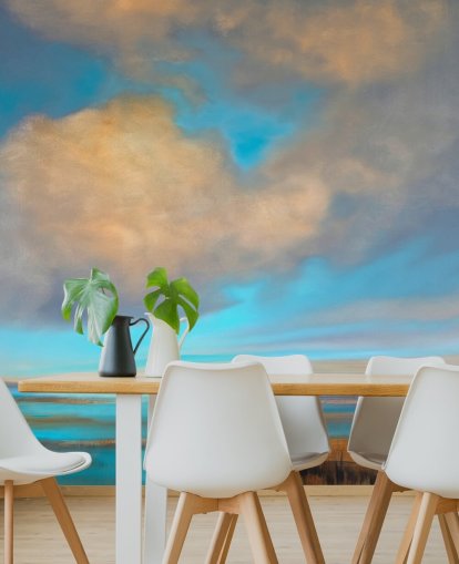 pintura de enorme cielo azul con nubes blancas sobre fondo de pantalla de lago