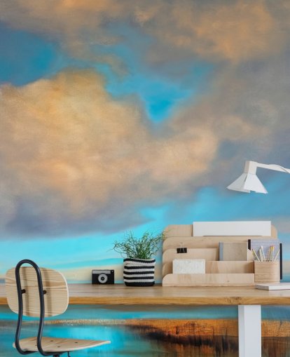 pintura de enorme cielo azul con nubes blancas sobre fondo de pantalla de lago