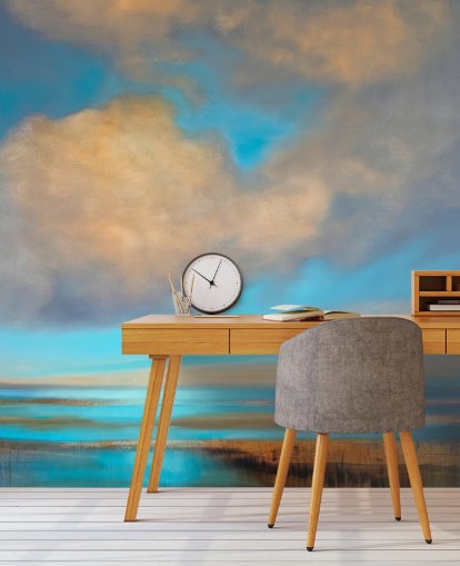 pintura de enorme cielo azul con nubes blancas sobre fondo de pantalla de lago