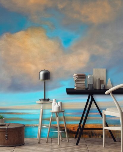 painting of huge blue sky with white clouds over lake wallpaper painting of huge blue sky with white clouds over lake wallpaper
