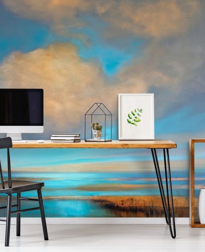 painting of huge blue sky with white clouds over lake wallpaper painting of huge blue sky with white clouds over lake wallpaper