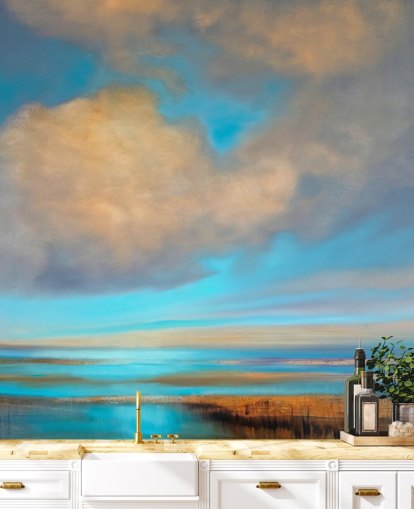 peinture d'un énorme ciel bleu avec des nuages blancs sur le papier peint du lac