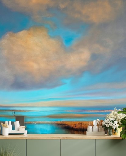 pintura de enorme céu azul com nuvens brancas sobre o papel de parede do lago