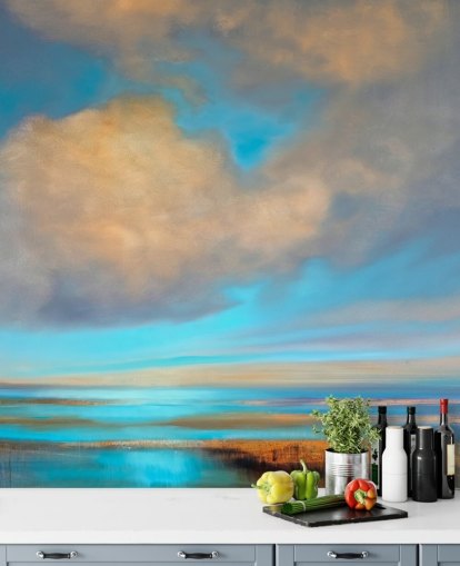 painting of huge blue sky with white clouds over lake wallpaper
