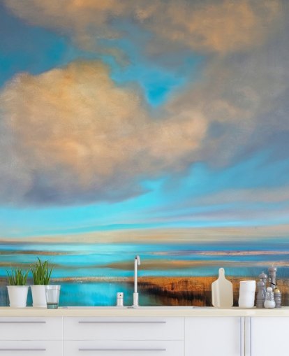 painting of huge blue sky with white clouds over lake wallpaper painting of huge blue sky with white clouds over lake wallpaper