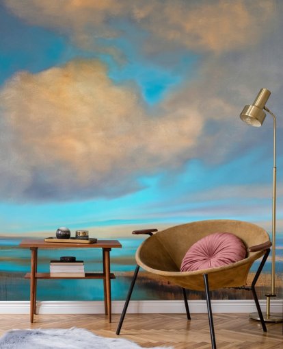 peinture d'un énorme ciel bleu avec des nuages blancs sur le papier peint du lac