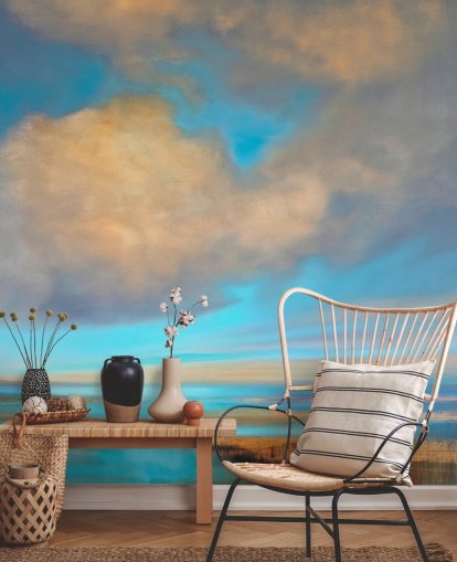 pintura de enorme céu azul com nuvens brancas sobre o papel de parede do lago