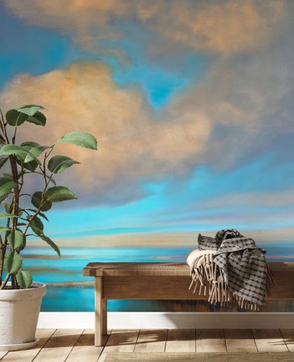 pintura de enorme céu azul com nuvens brancas sobre o papel de parede do lago