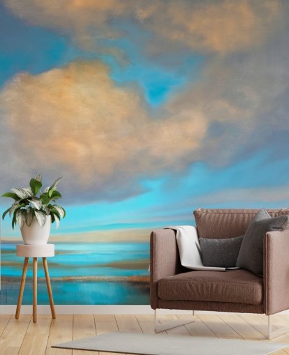 schilderij van enorme blauwe lucht met witte wolken boven het behang van het meer