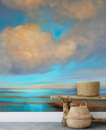 pintura de enorme cielo azul con nubes blancas sobre fondo de pantalla de lago