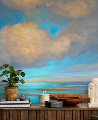 peinture d'un énorme ciel bleu avec des nuages blancs sur le papier peint du lac