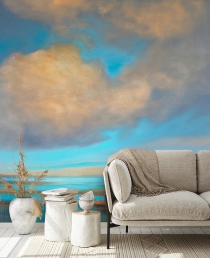 Gemälde des riesigen blauen Himmels mit weißen Wolken über dem See Tapete