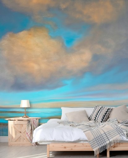 painting of huge blue sky with white clouds over lake wallpaper