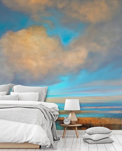 pintura de enorme céu azul com nuvens brancas sobre o papel de parede do lago