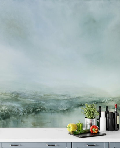 abstract schilderij van een mistig heathland behang