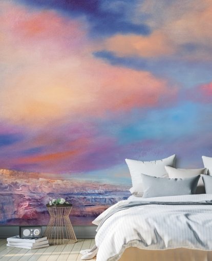 abstract schilderij van een roze en blauwe zonsondergang hemel behang