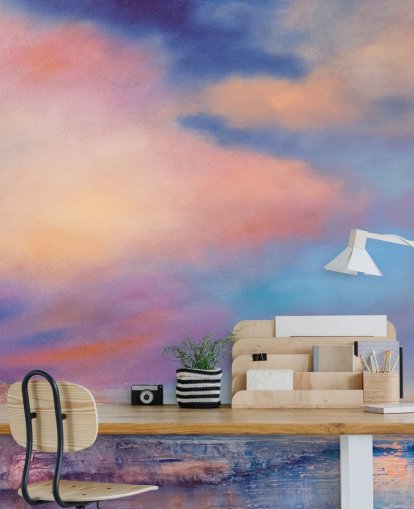 abstract schilderij van een roze en blauwe zonsondergang hemel behang