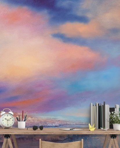 abstract schilderij van een roze en blauwe zonsondergang hemel behang
