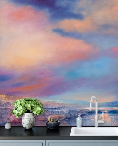 abstract schilderij van een roze en blauwe zonsondergang hemel behang