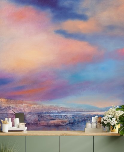 abstract painting of a pink and blue sunset sky wallpaper