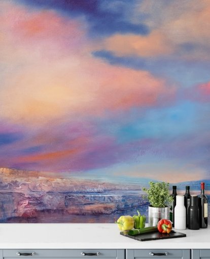 abstraktes Gemälde von einem rosa und blauen Sonnenuntergang Himmel Tapete