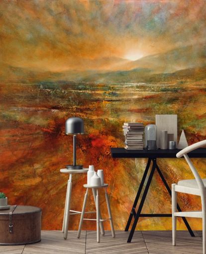 painting of orange and red landscape wallpaper
