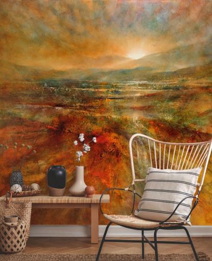 pittura di carta da parati paesaggio arancione e rosso