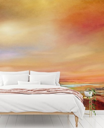 orange, pink og gul himmel og landskab maleri tapet